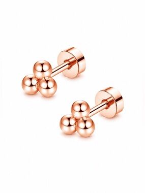 Rose Gold Triple Ball Flat Back Stud Earrings | Cartilage Tragus Helix